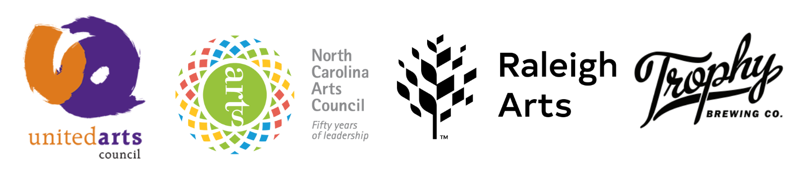 Logos: United Arts Council, NC arts Council, Raleigh Arts Trophy Brewing