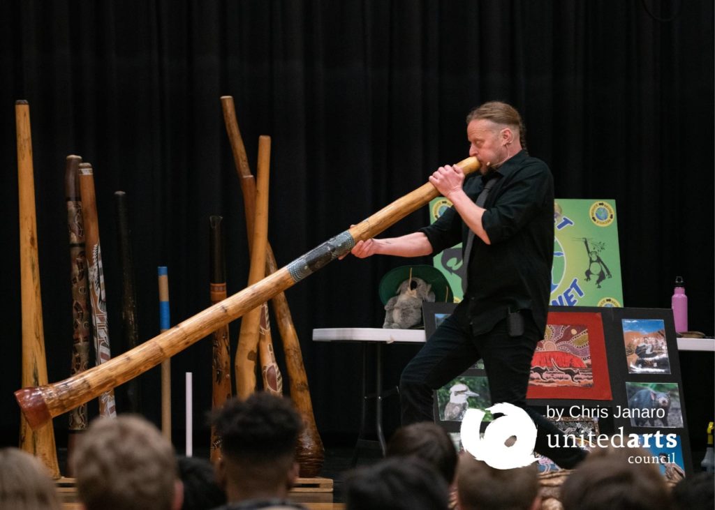 Artists in Schools performance by Didgeridoo Down Under at Holly Ridge Middle School, Holly Springs, March 12, 2020