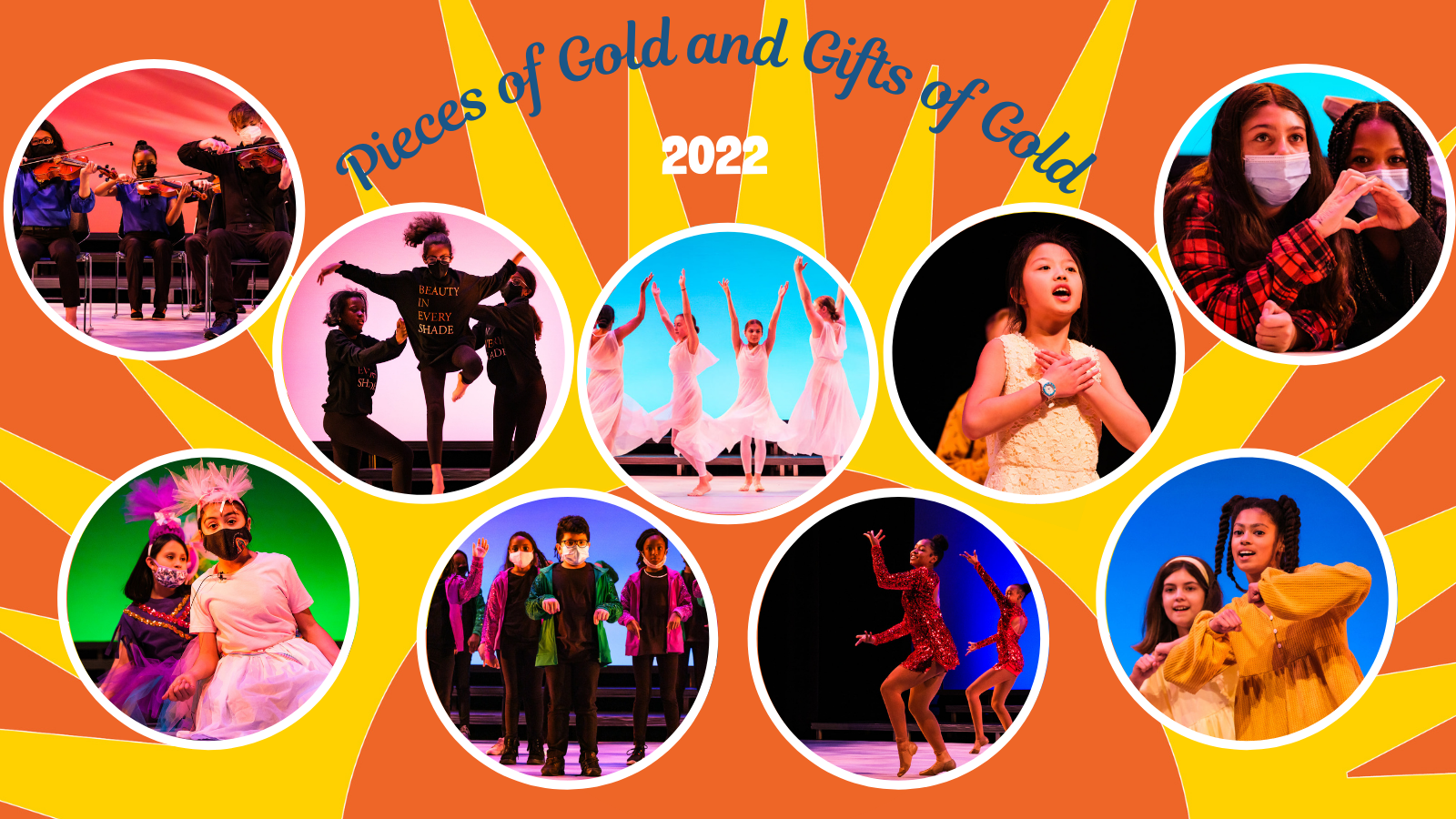 Students in circle graphics performing duing Pieces of Gold with Orange and yellow sun background