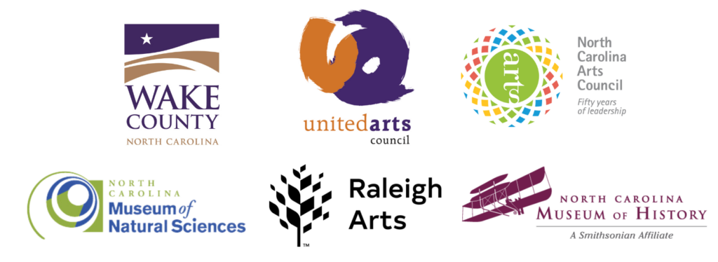 Logos United Arts, NC Arts Council, Wake County, NC Museum of Natural Sciences, Raleigh Arts, and NC Museum of History